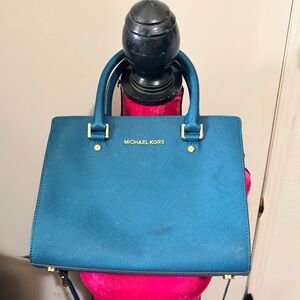 Michael Kors Teal Saffiano Leather Satchel Crossbody Bag Gold Hardware